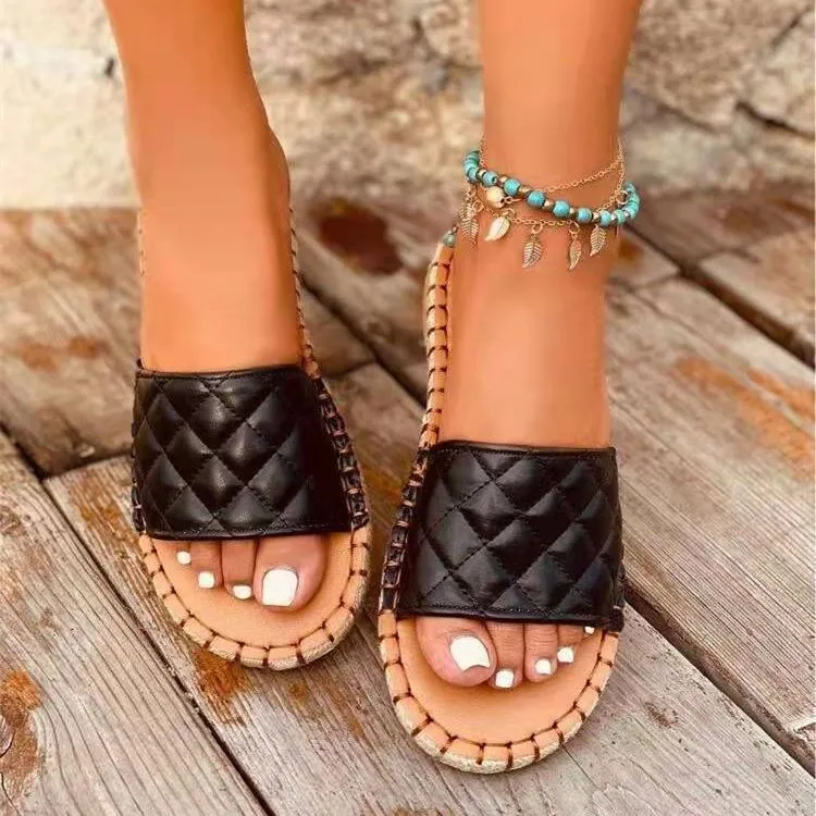 Women woven summer beach grid strap slide espadrille sandals