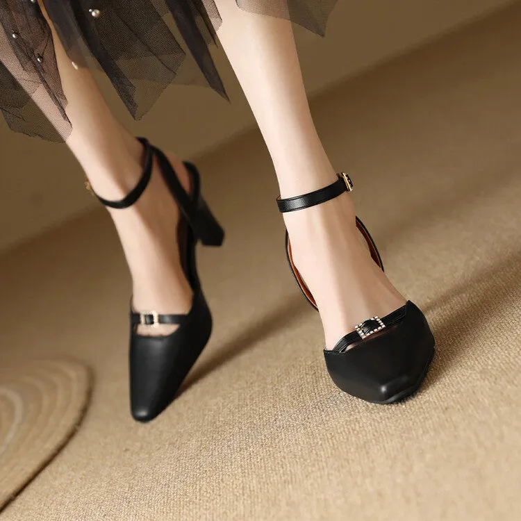 Women's Pointed Toe Rhinestone Buckles Block Heel Sandals