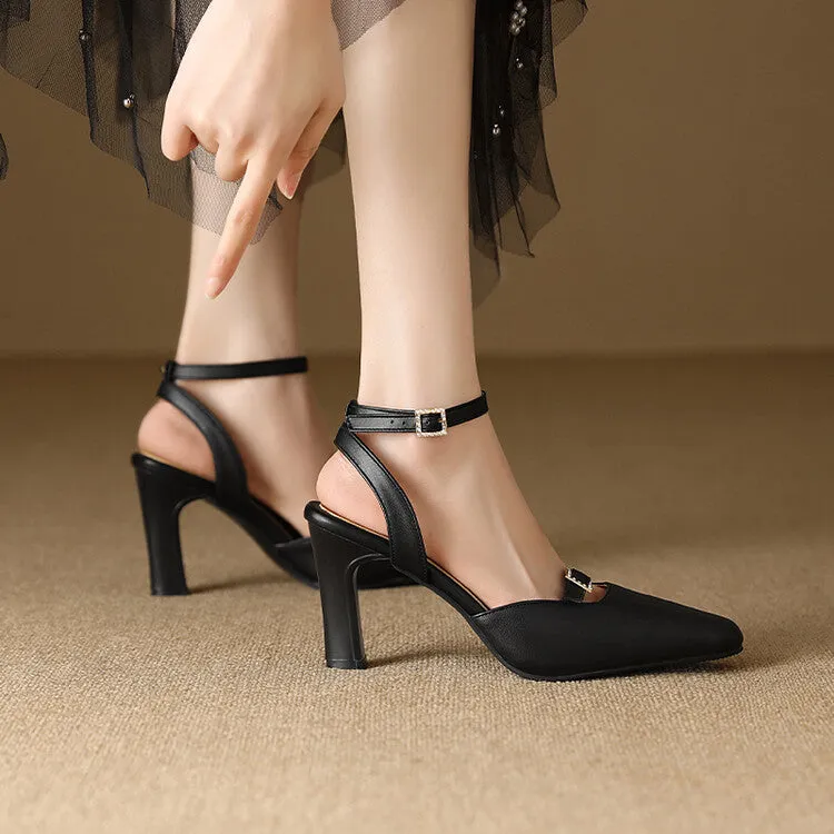 Women's Pointed Toe Rhinestone Buckles Block Heel Sandals