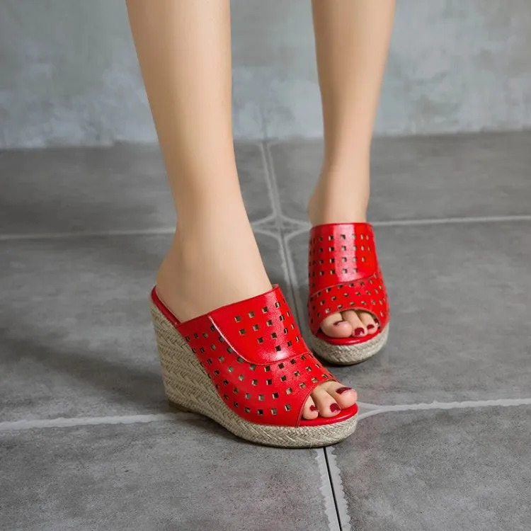 Women's Solid Color Hollow Out Woven Wedge Heel Platform Sandals