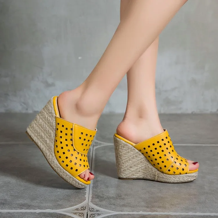 Women's Solid Color Hollow Out Woven Wedge Heel Platform Sandals