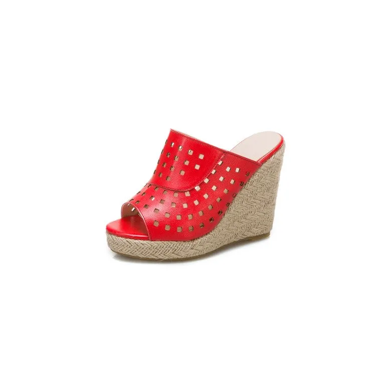 Women's Solid Color Hollow Out Woven Wedge Heel Platform Sandals