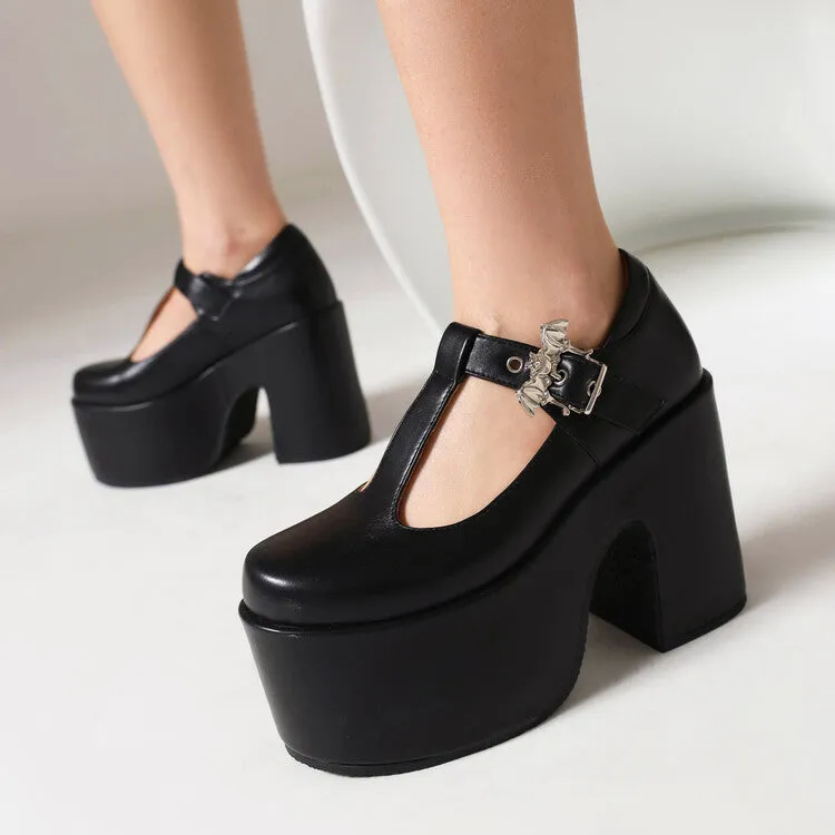 Women's T Strap Buckle Straps Block Heel Mary Jane Platform Pumps