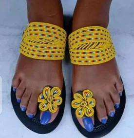 Yellow beaded handmade masaai masai maasai leather ladies slipper sandals with free shipping