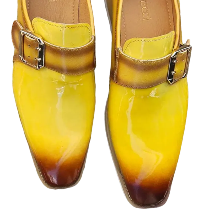 Yellow Carrucci Men's Patent Leather Shoes Slip-On Monk Strap Loafer Gold Buckle