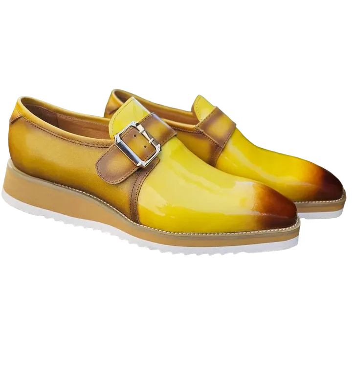 Yellow Carrucci Men's Patent Leather Shoes Slip-On Monk Strap Loafer Gold Buckle